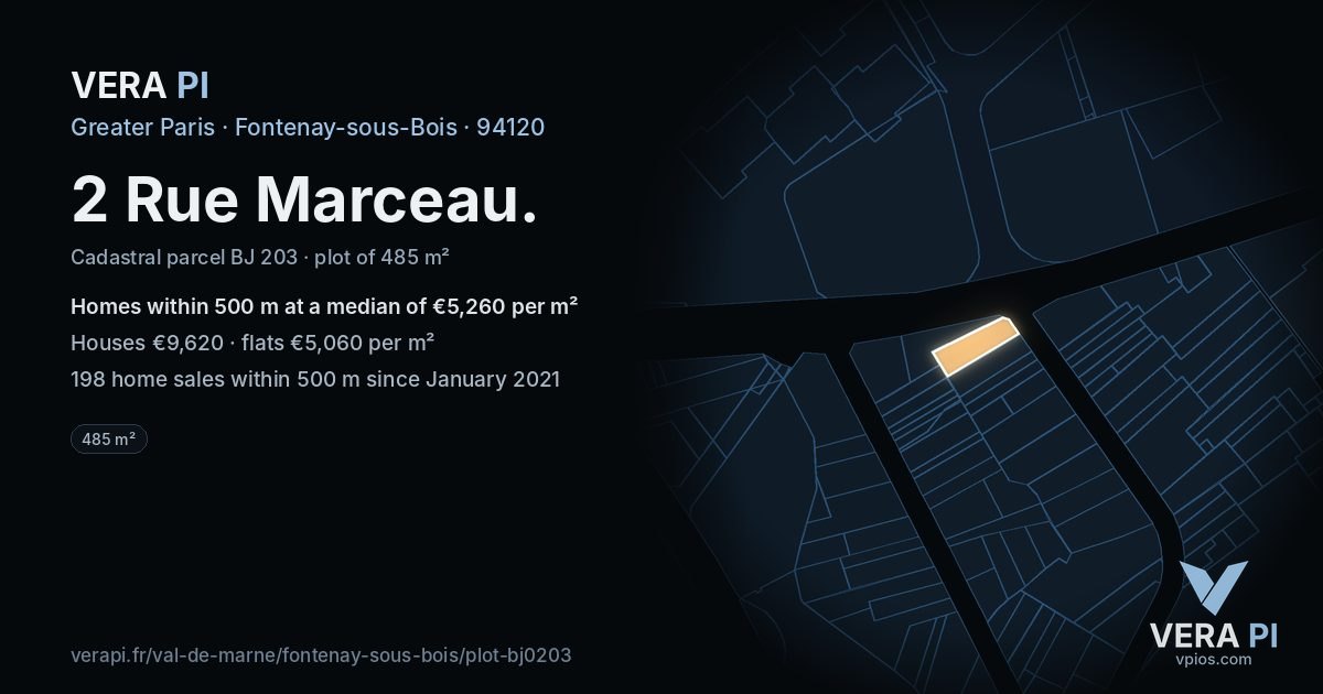 2 Rue Marceau, Fontenay-sous-Bois at night – the plot lit, the parcels around coloured by the prices near them
