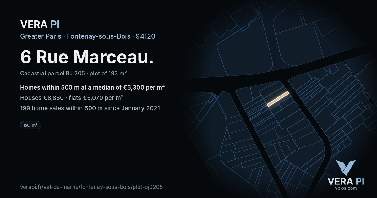 6 Rue Marceau, Fontenay-sous-Bois at night – the plot lit, the parcels around coloured by the prices near them