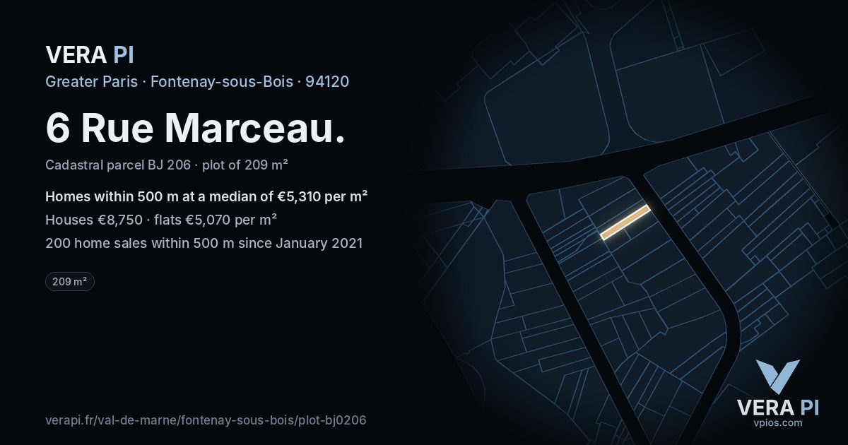 6 Rue Marceau, Fontenay-sous-Bois at night – the plot lit, the parcels around coloured by the prices near them