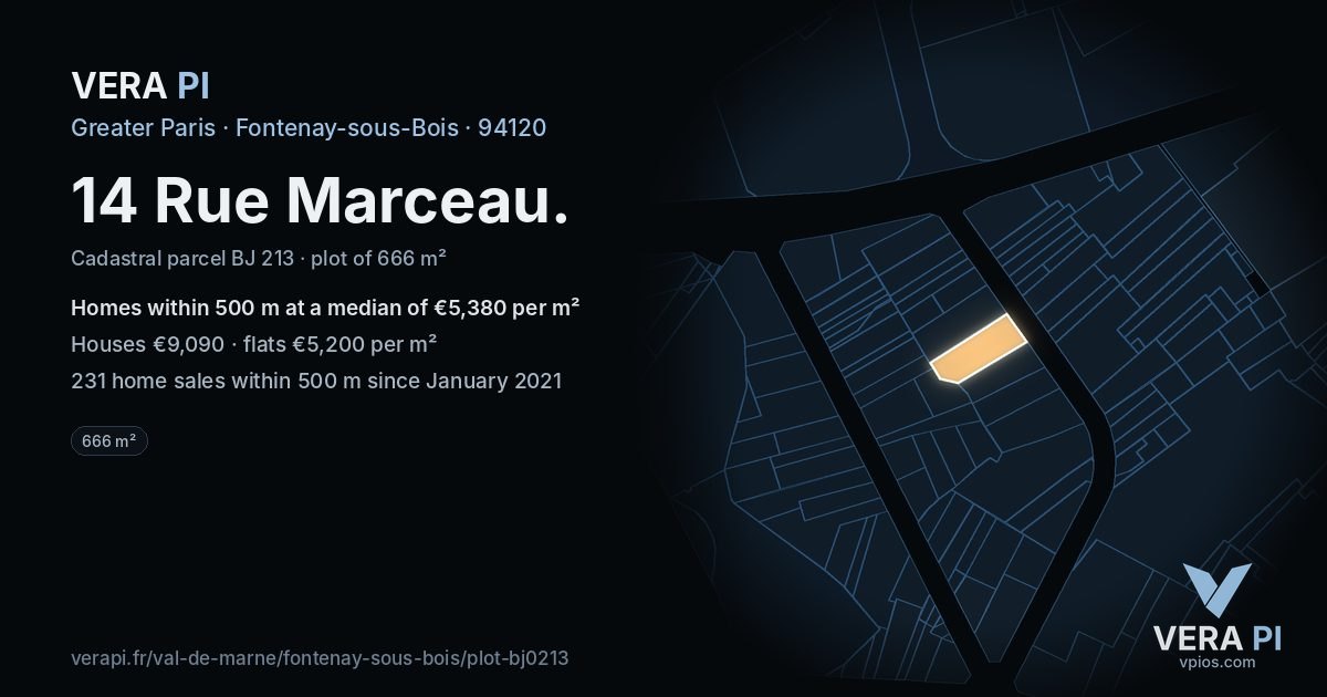 14 Rue Marceau, Fontenay-sous-Bois at night – the plot lit, the parcels around coloured by the prices near them