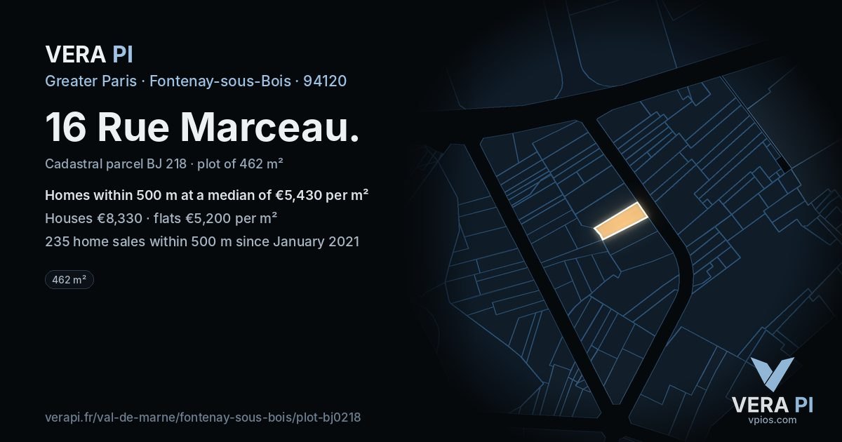16 Rue Marceau, Fontenay-sous-Bois at night – the plot lit, the parcels around coloured by the prices near them