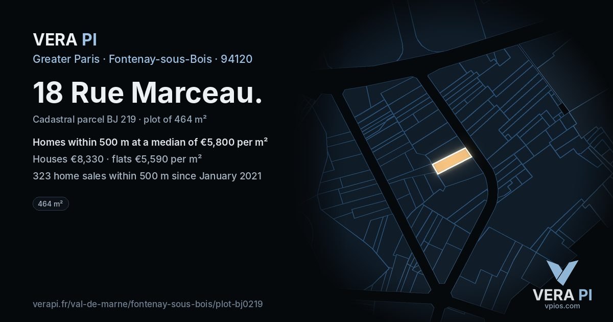18 Rue Marceau, Fontenay-sous-Bois at night – the plot lit, the parcels around coloured by the prices near them