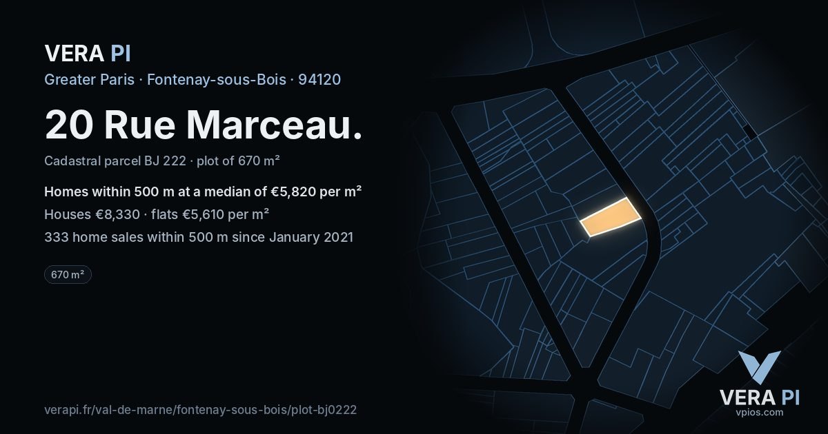 20 Rue Marceau, Fontenay-sous-Bois at night – the plot lit, the parcels around coloured by the prices near them