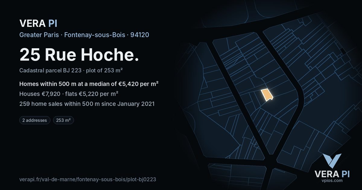 25 Rue Hoche, Fontenay-sous-Bois at night – the plot lit, the parcels around coloured by the prices near them