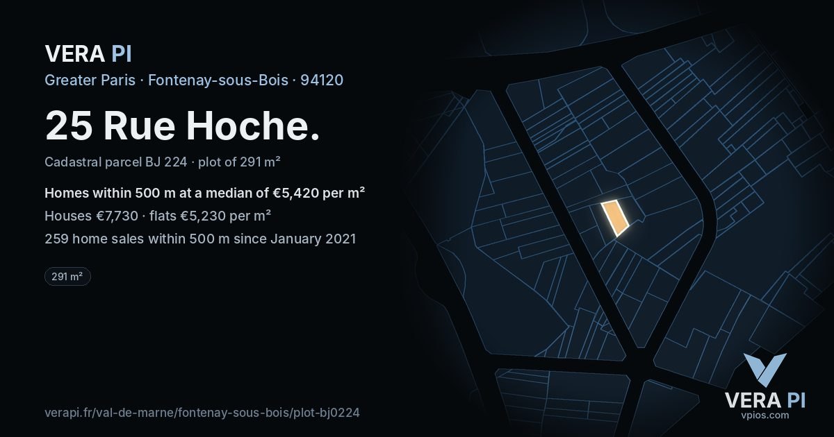 25 Rue Hoche, Fontenay-sous-Bois at night – the plot lit, the parcels around coloured by the prices near them