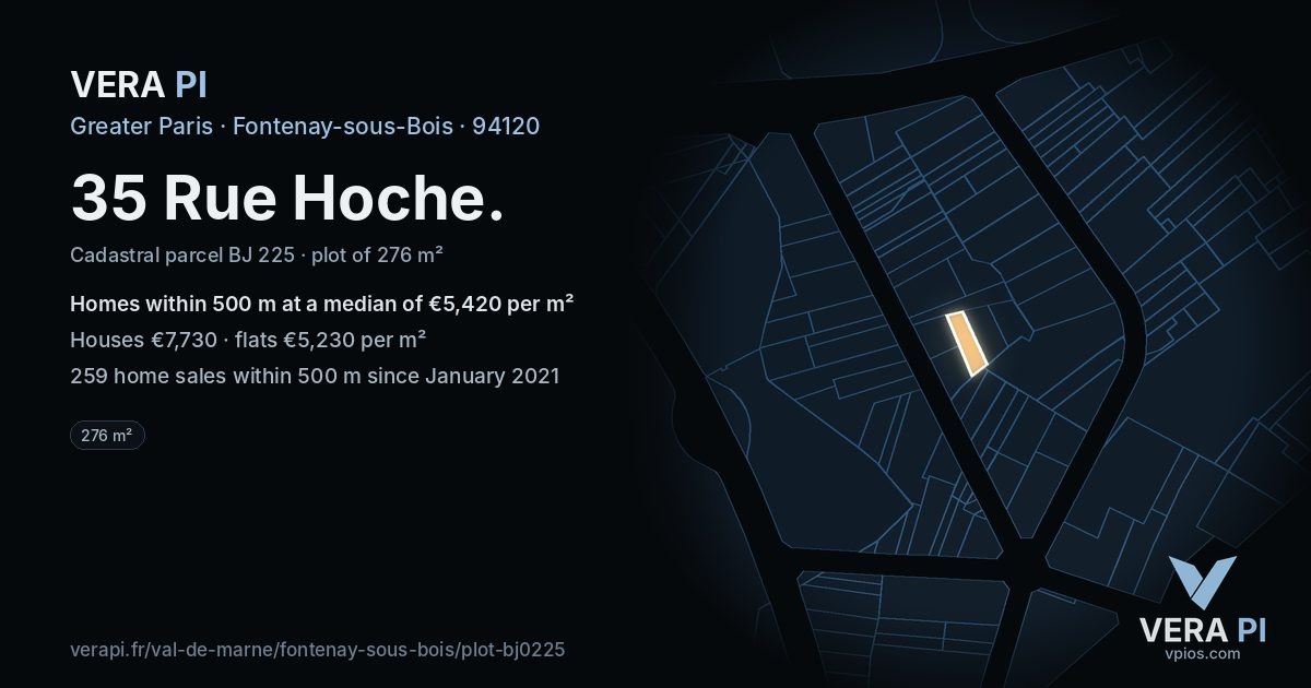 35 Rue Hoche, Fontenay-sous-Bois at night – the plot lit, the parcels around coloured by the prices near them