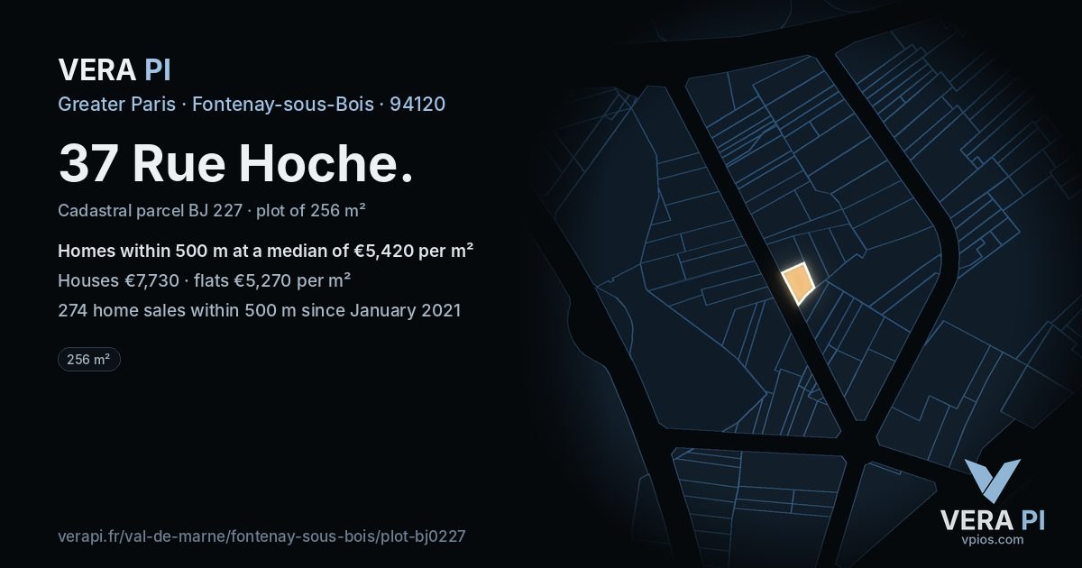 37 Rue Hoche, Fontenay-sous-Bois at night – the plot lit, the parcels around coloured by the prices near them