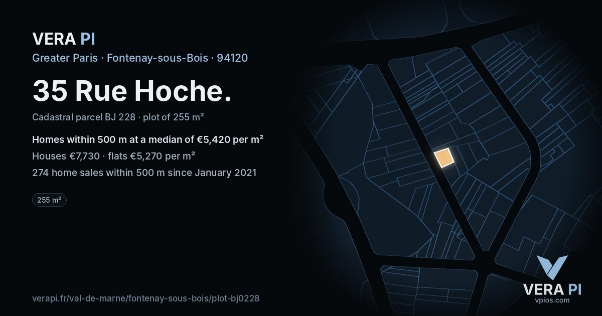 35 Rue Hoche, Fontenay-sous-Bois at night – the plot lit, the parcels around coloured by the prices near them