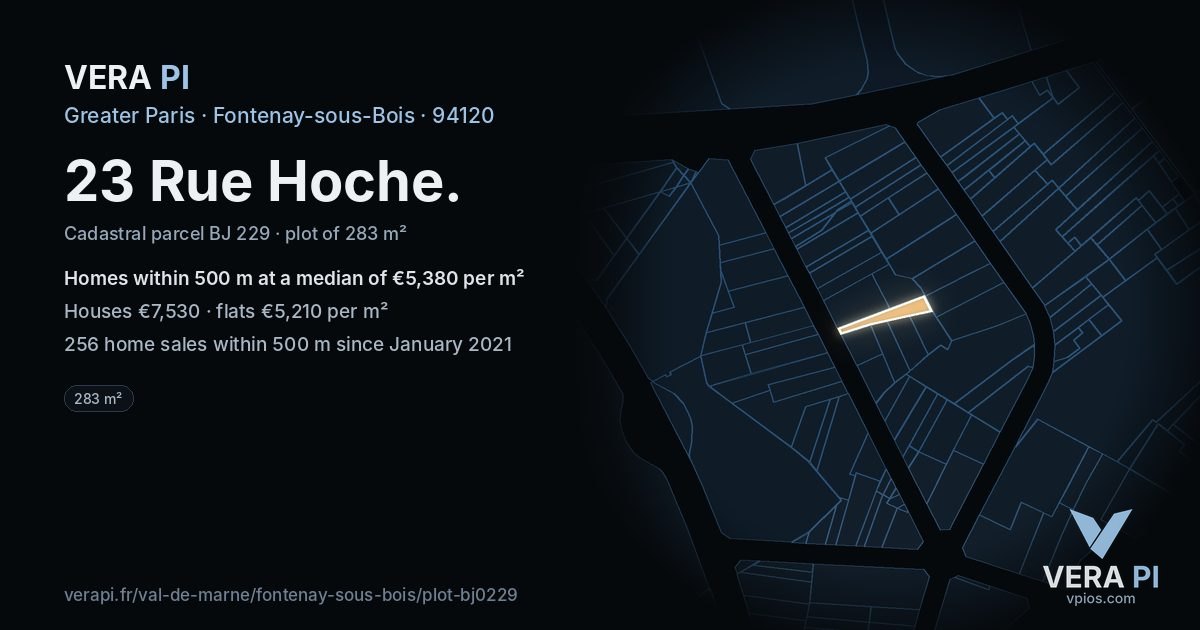 23 Rue Hoche, Fontenay-sous-Bois at night – the plot lit, the parcels around coloured by the prices near them