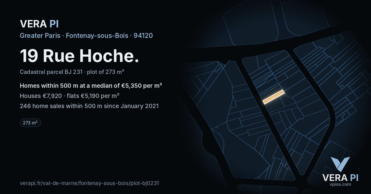 19 Rue Hoche, Fontenay-sous-Bois at night – the plot lit, the parcels around coloured by the prices near them