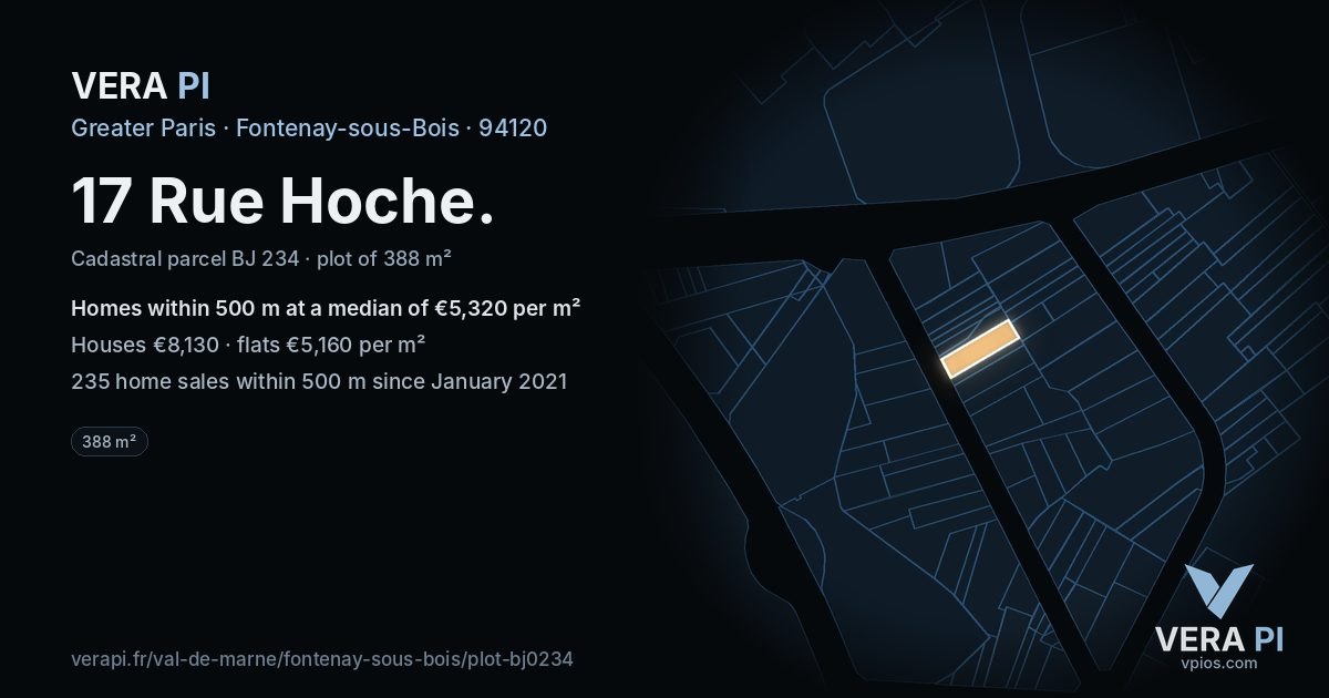 17 Rue Hoche, Fontenay-sous-Bois at night – the plot lit, the parcels around coloured by the prices near them