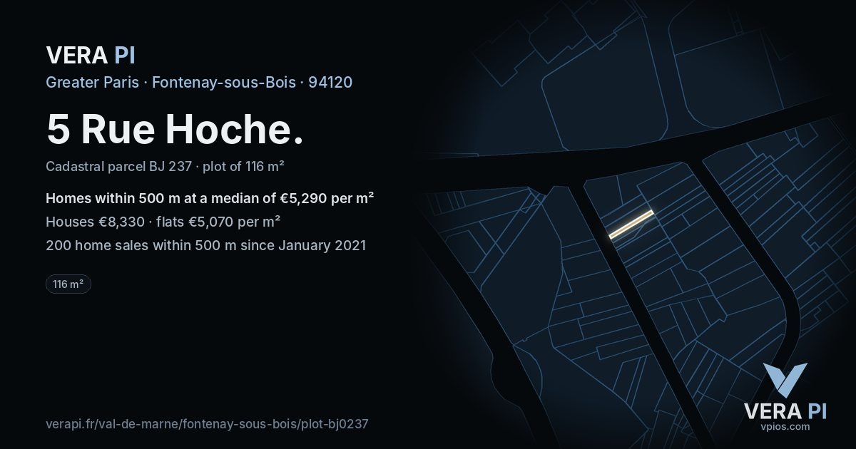5 Rue Hoche, Fontenay-sous-Bois at night – the plot lit, the parcels around coloured by the prices near them