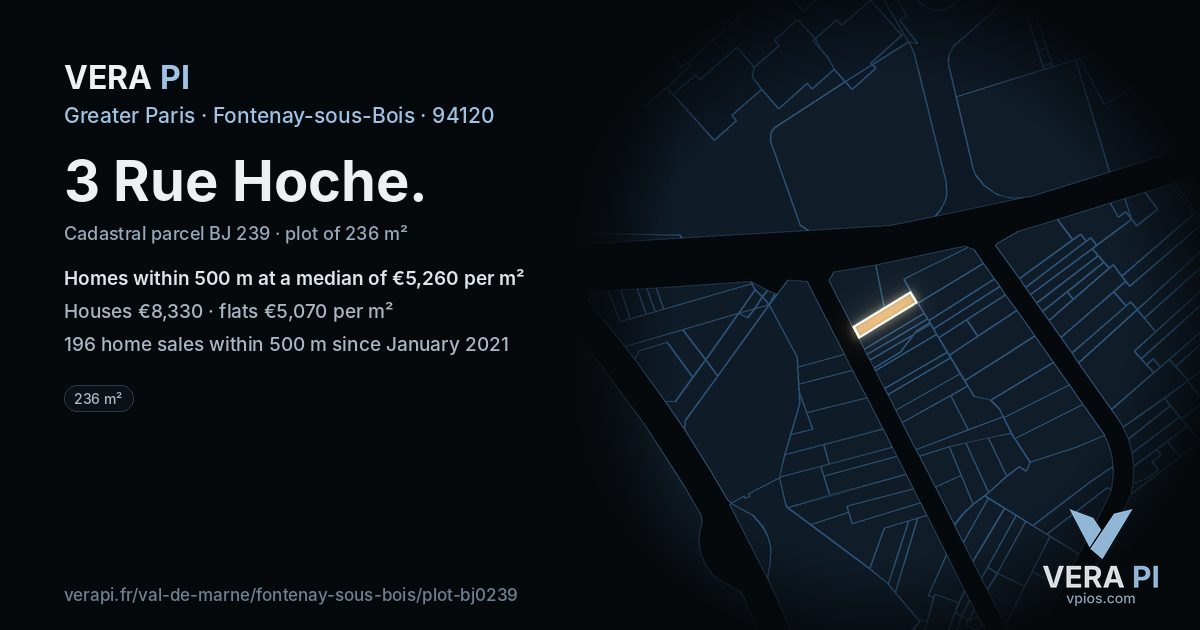3 Rue Hoche, Fontenay-sous-Bois at night – the plot lit, the parcels around coloured by the prices near them