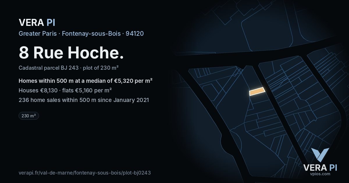 8 Rue Hoche, Fontenay-sous-Bois at night – the plot lit, the parcels around coloured by the prices near them