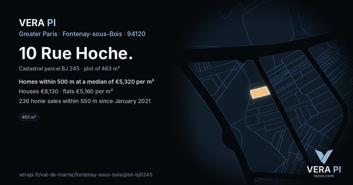 10 Rue Hoche, Fontenay-sous-Bois at night – the plot lit, the parcels around coloured by the prices near them