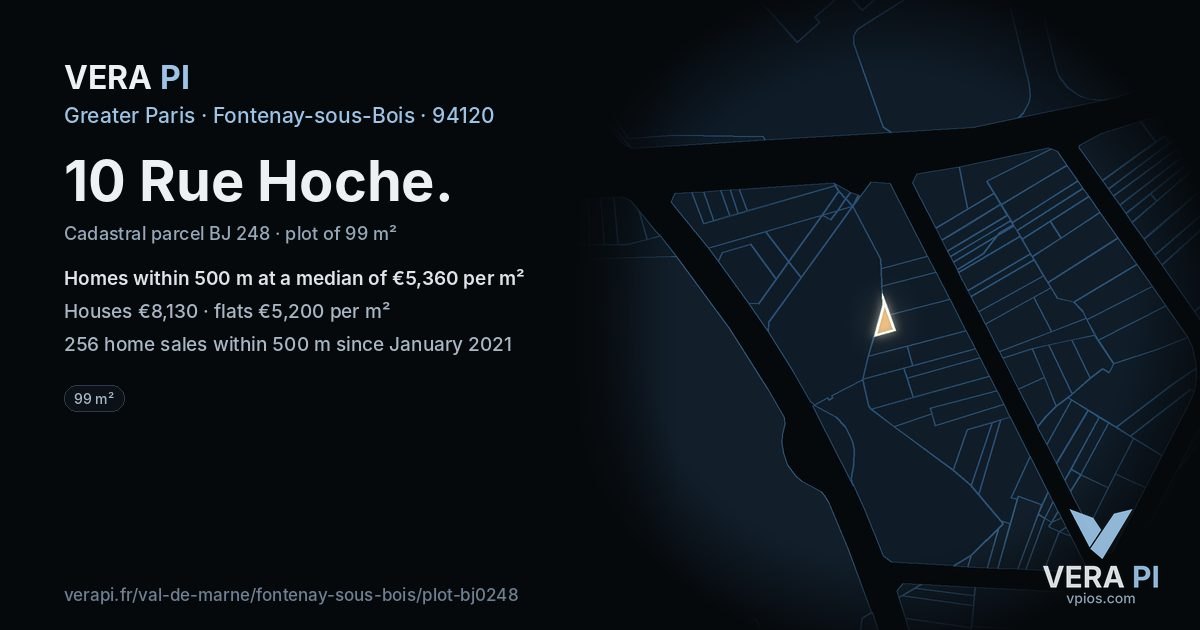 10 Rue Hoche, Fontenay-sous-Bois at night – the plot lit, the parcels around coloured by the prices near them