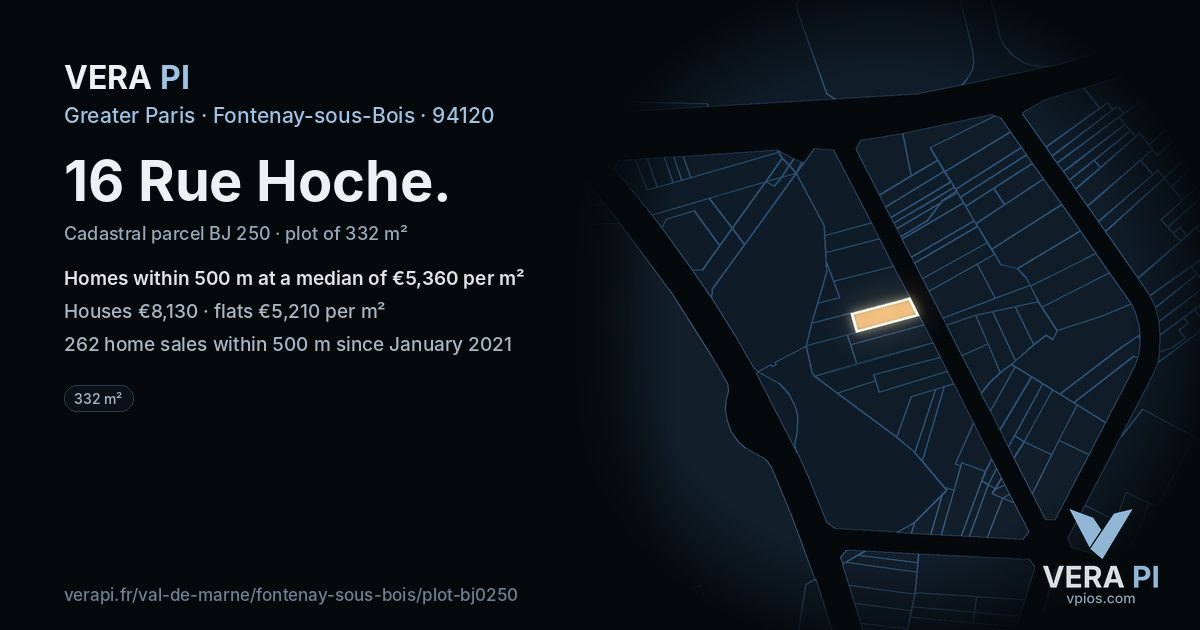 16 Rue Hoche, Fontenay-sous-Bois at night – the plot lit, the parcels around coloured by the prices near them