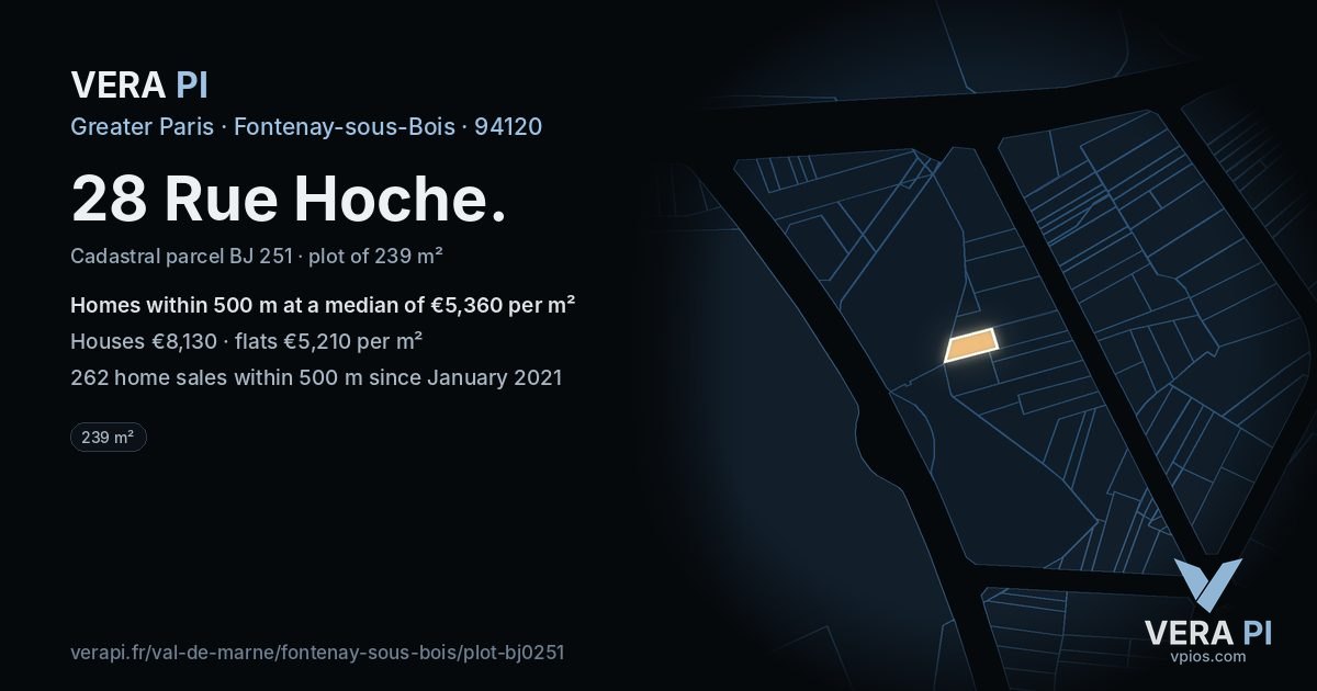 28 Rue Hoche, Fontenay-sous-Bois at night – the plot lit, the parcels around coloured by the prices near them