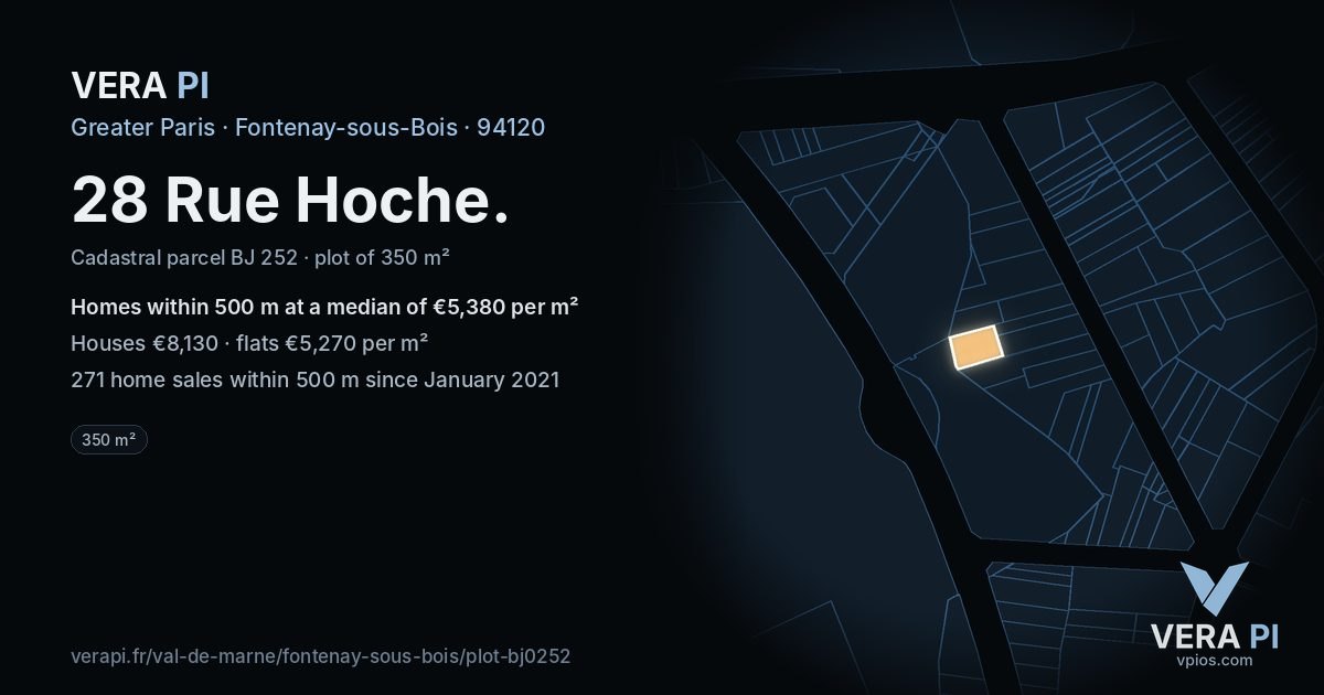 28 Rue Hoche, Fontenay-sous-Bois at night – the plot lit, the parcels around coloured by the prices near them