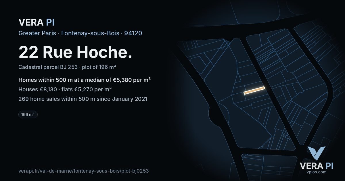 22 Rue Hoche, Fontenay-sous-Bois at night – the plot lit, the parcels around coloured by the prices near them