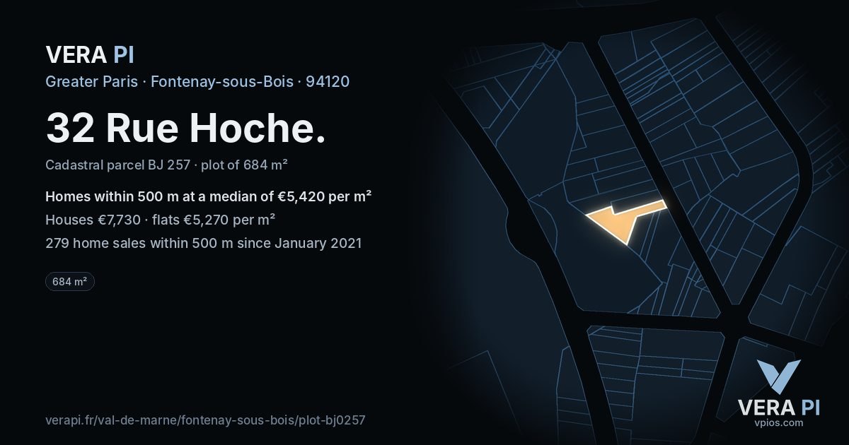 32 Rue Hoche, Fontenay-sous-Bois at night – the plot lit, the parcels around coloured by the prices near them