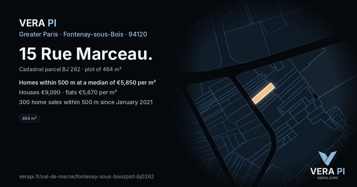 15 Rue Marceau, Fontenay-sous-Bois at night – the plot lit, the parcels around coloured by the prices near them