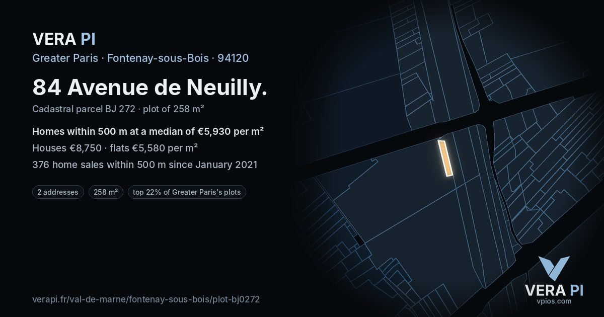 84 Avenue de Neuilly, Fontenay-sous-Bois at night – the plot lit, the parcels around coloured by the prices near them