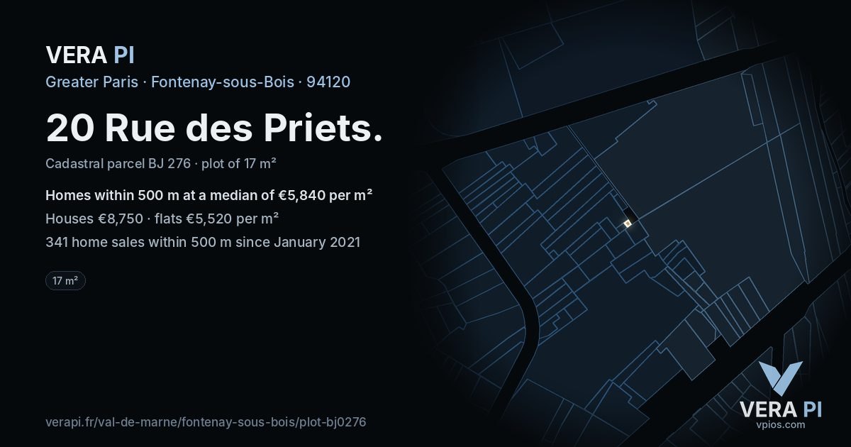 20 Rue des Priets, Fontenay-sous-Bois at night – the plot lit, the parcels around coloured by the prices near them