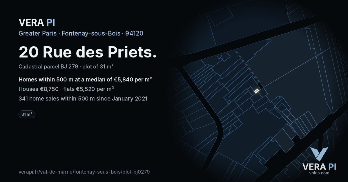 20 Rue des Priets, Fontenay-sous-Bois at night – the plot lit, the parcels around coloured by the prices near them