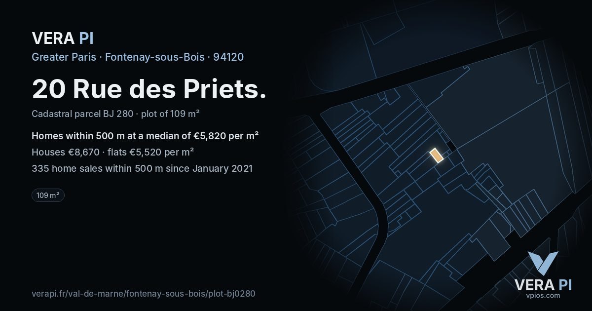 20 Rue des Priets, Fontenay-sous-Bois at night – the plot lit, the parcels around coloured by the prices near them
