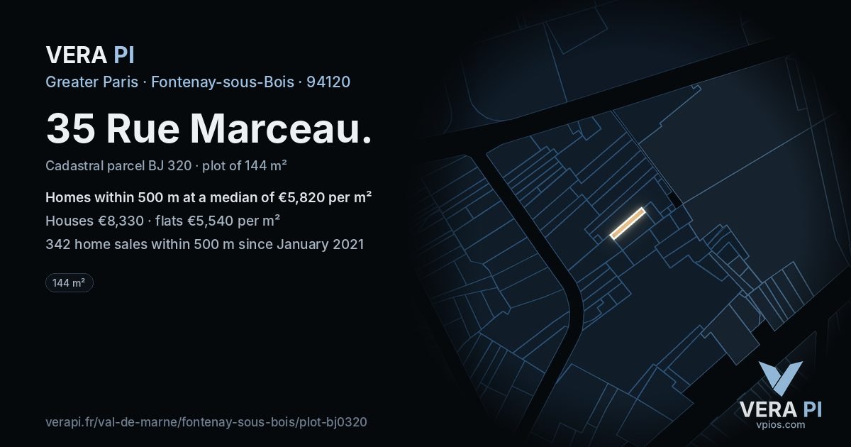 35 Rue Marceau, Fontenay-sous-Bois at night – the plot lit, the parcels around coloured by the prices near them