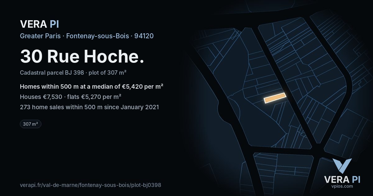 30 Rue Hoche, Fontenay-sous-Bois at night – the plot lit, the parcels around coloured by the prices near them