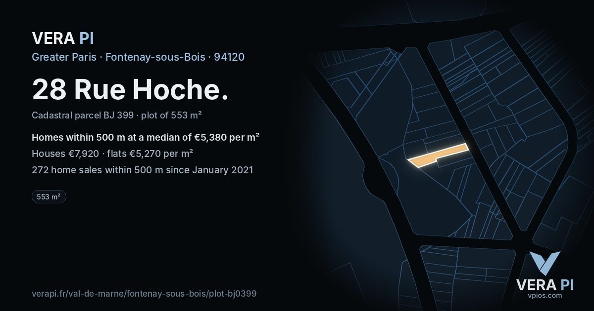 28 Rue Hoche, Fontenay-sous-Bois at night – the plot lit, the parcels around coloured by the prices near them