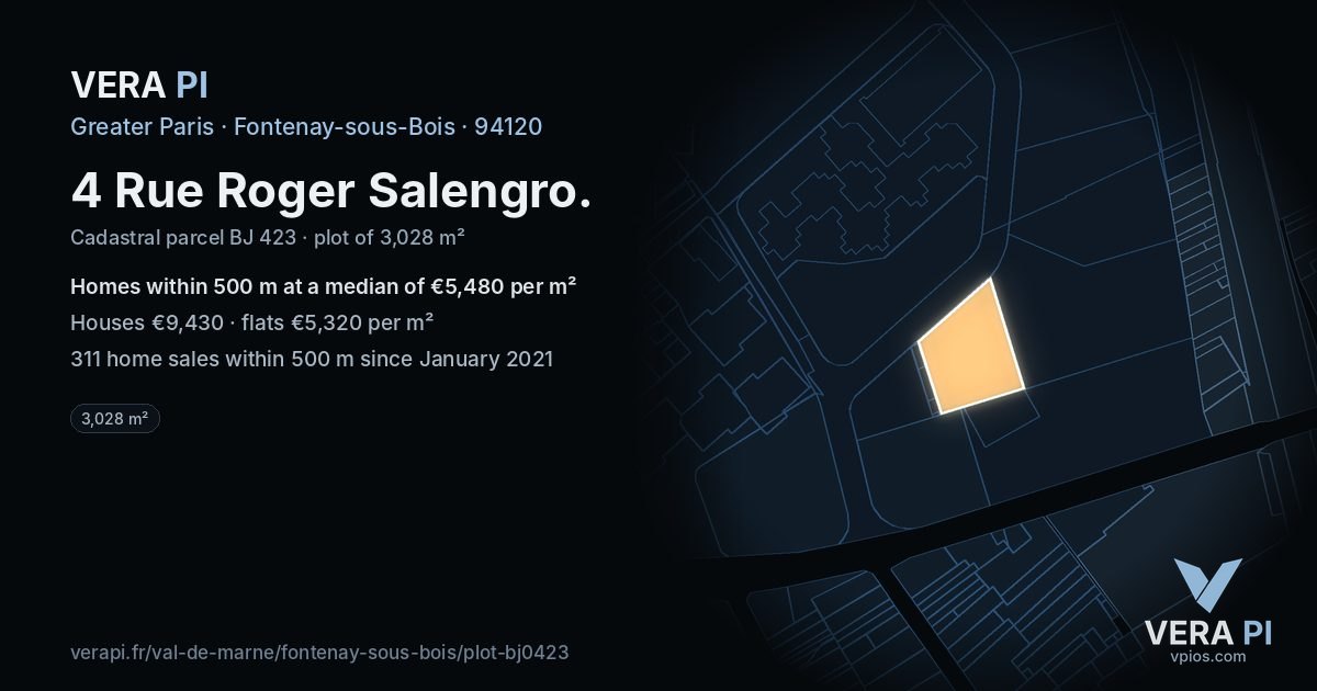 4 Rue Roger Salengro, Fontenay-sous-Bois at night – the plot lit, the parcels around coloured by the prices near them
