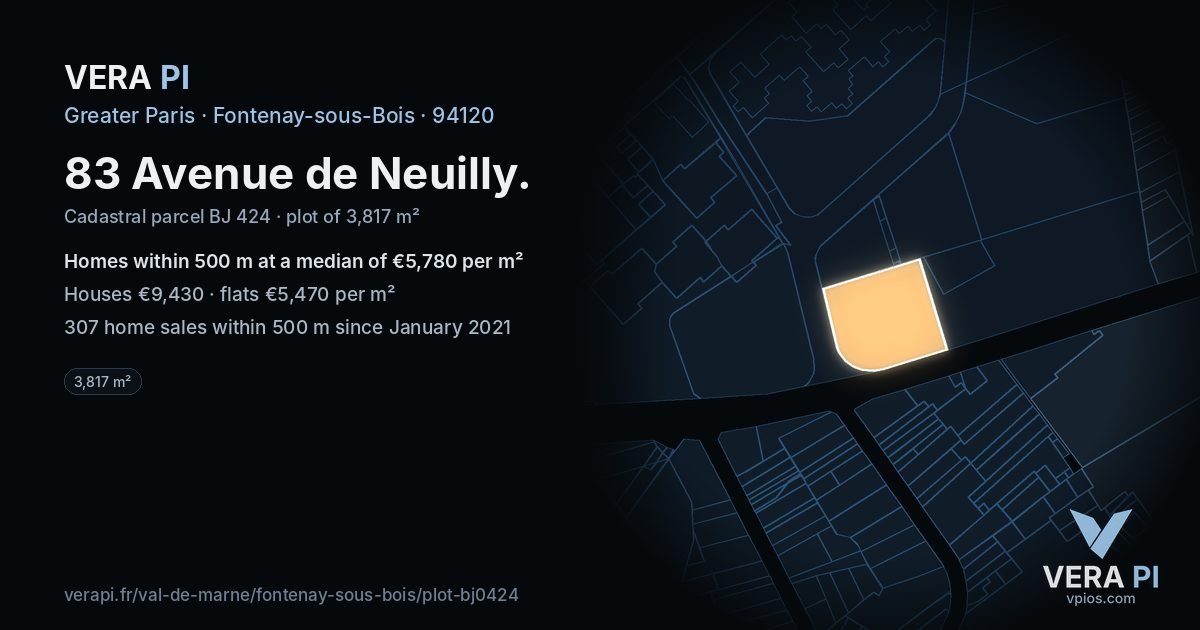 83 Avenue de Neuilly, Fontenay-sous-Bois at night – the plot lit, the parcels around coloured by the prices near them