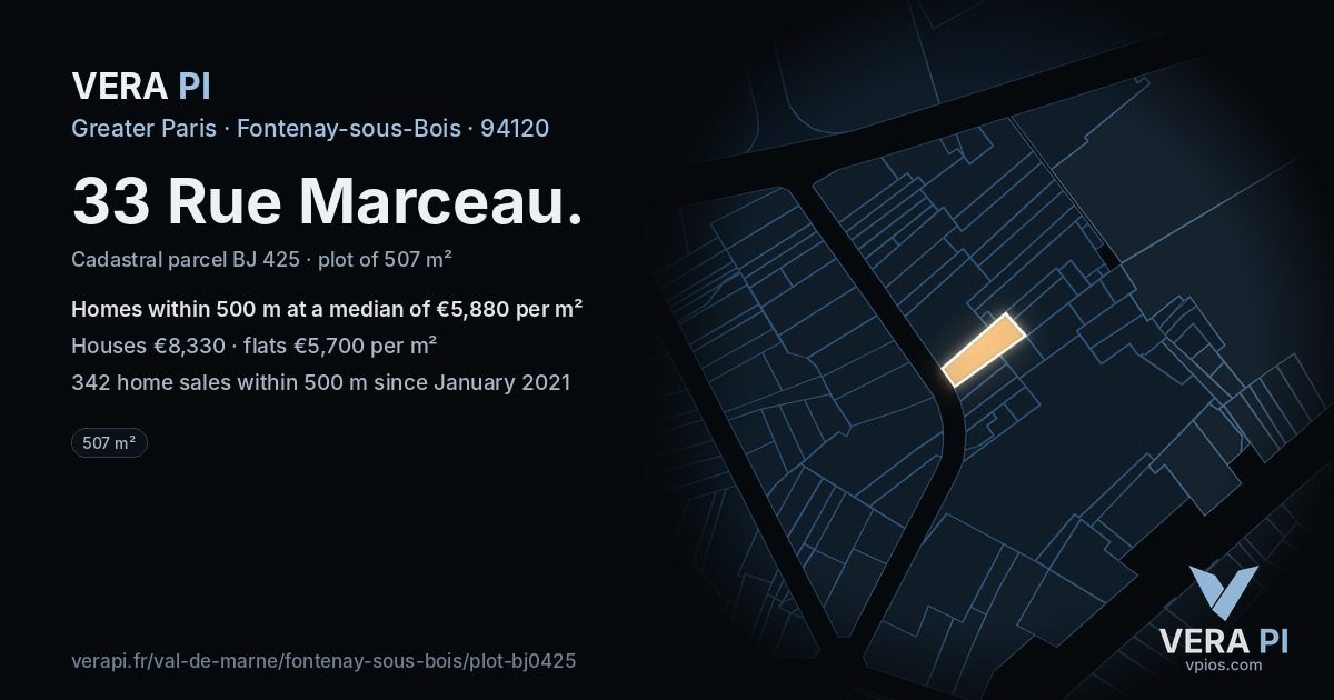 33 Rue Marceau, Fontenay-sous-Bois at night – the plot lit, the parcels around coloured by the prices near them