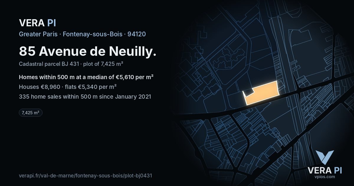 85 Avenue de Neuilly, Fontenay-sous-Bois at night – the plot lit, the parcels around coloured by the prices near them