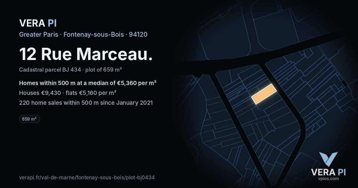 12 Rue Marceau, Fontenay-sous-Bois at night – the plot lit, the parcels around coloured by the prices near them