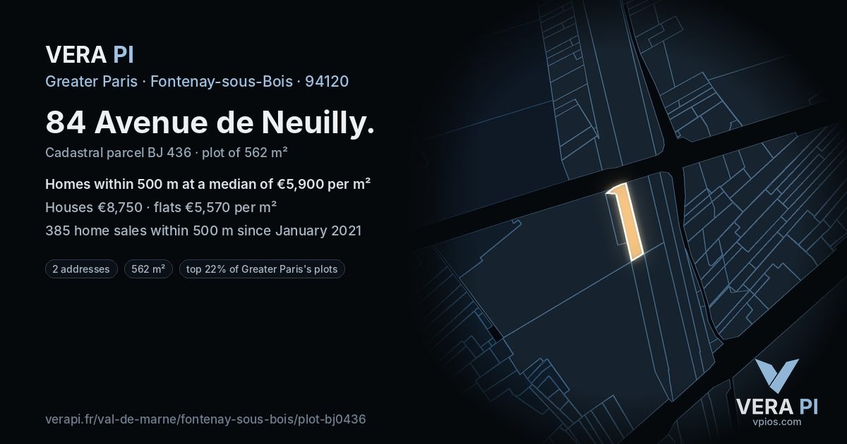 84 Avenue de Neuilly, Fontenay-sous-Bois at night – the plot lit, the parcels around coloured by the prices near them