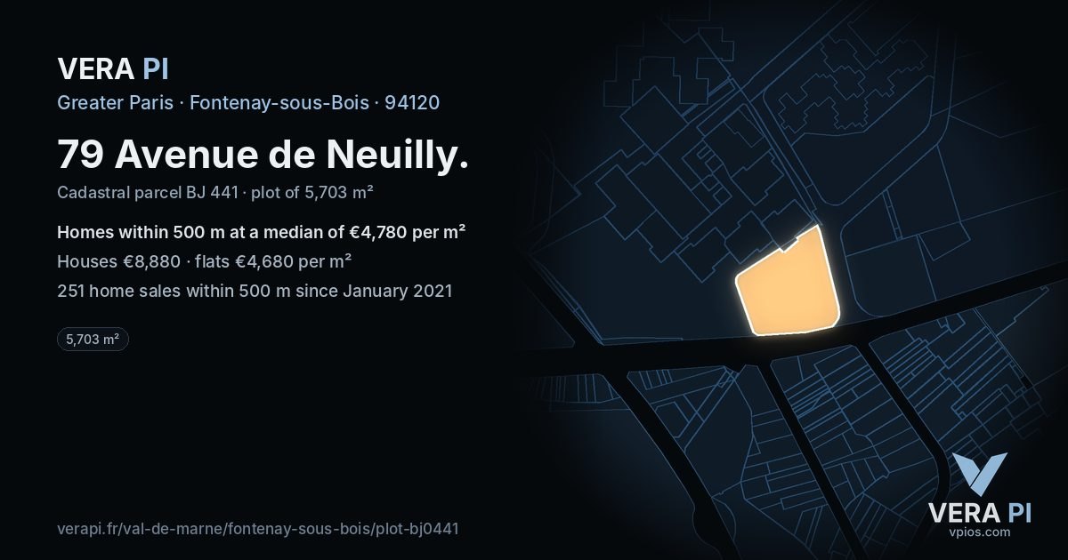 79 Avenue de Neuilly, Fontenay-sous-Bois at night – the plot lit, the parcels around coloured by the prices near them