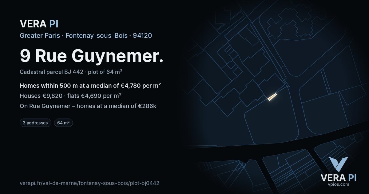 9 Rue Guynemer, Fontenay-sous-Bois at night – the plot lit, the parcels around coloured by the prices near them