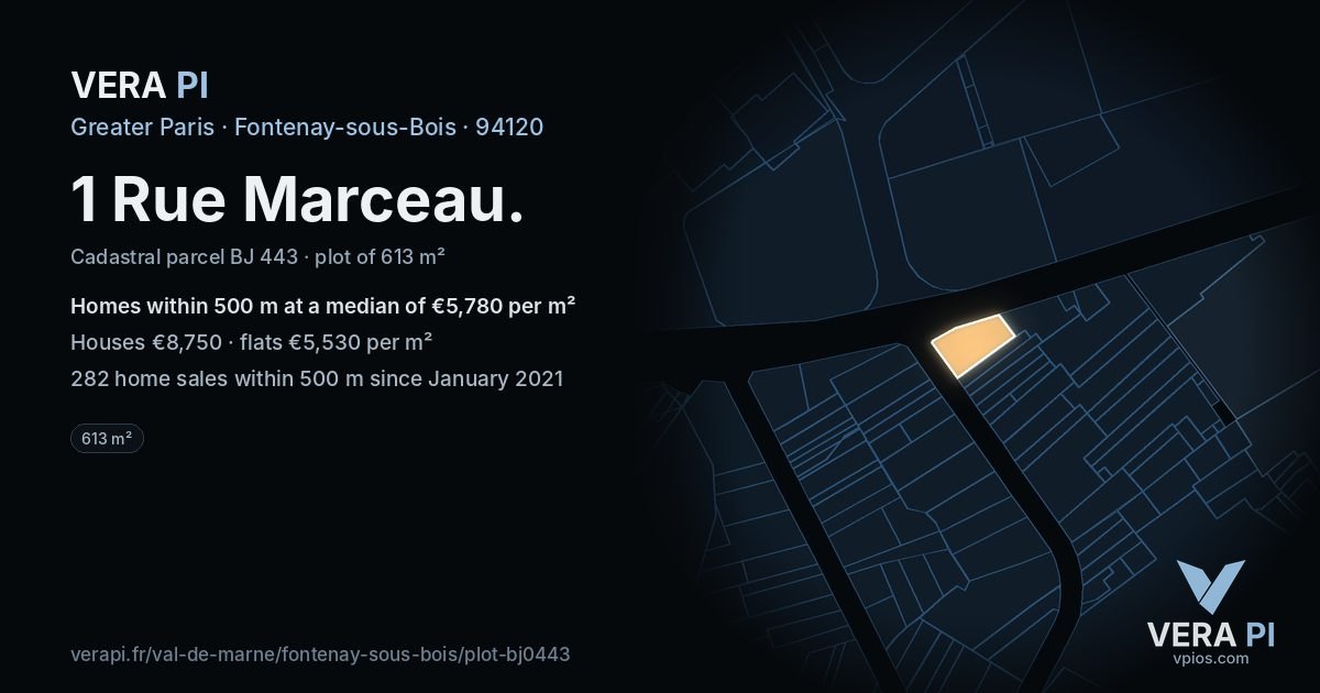 1 Rue Marceau, Fontenay-sous-Bois at night – the plot lit, the parcels around coloured by the prices near them