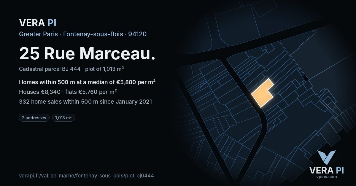 25 Rue Marceau, Fontenay-sous-Bois at night – the plot lit, the parcels around coloured by the prices near them