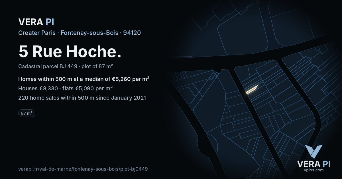 5 Rue Hoche, Fontenay-sous-Bois at night – the plot lit, the parcels around coloured by the prices near them