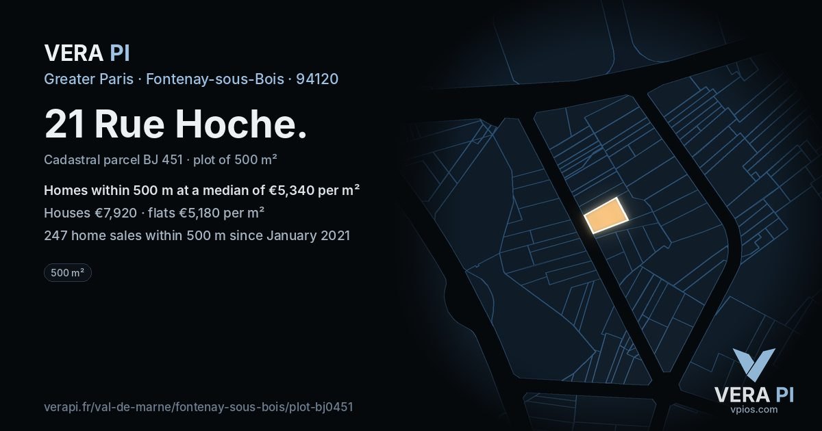 21 Rue Hoche, Fontenay-sous-Bois at night – the plot lit, the parcels around coloured by the prices near them