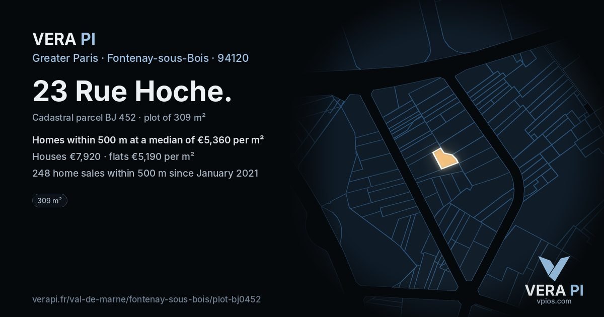 23 Rue Hoche, Fontenay-sous-Bois at night – the plot lit, the parcels around coloured by the prices near them