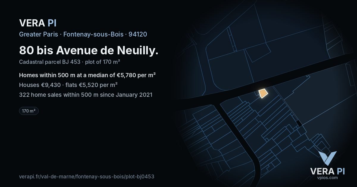80 bis Avenue de Neuilly, Fontenay-sous-Bois at night – the plot lit, the parcels around coloured by the prices near them