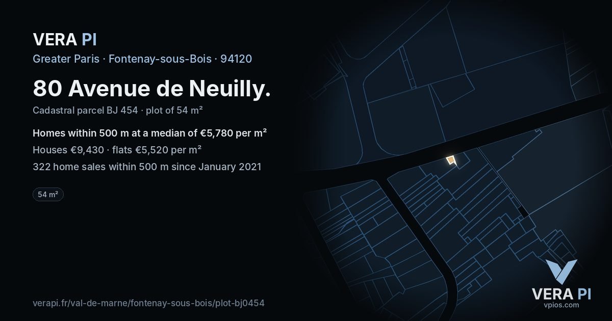 80 Avenue de Neuilly, Fontenay-sous-Bois at night – the plot lit, the parcels around coloured by the prices near them