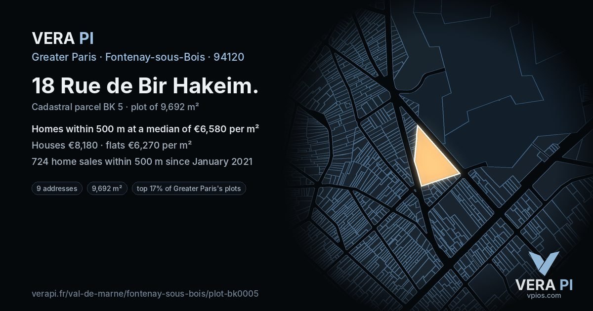18 Rue de Bir Hakeim, Fontenay-sous-Bois at night – the plot lit, the parcels around coloured by the prices near them