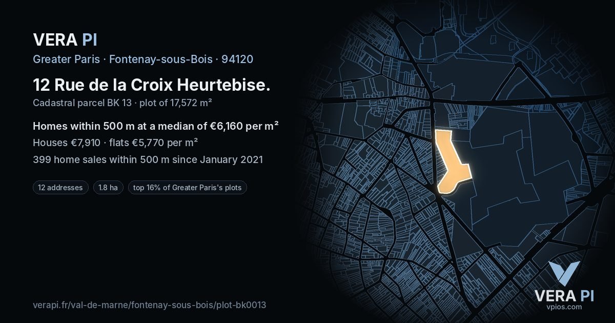 12 Rue de la Croix Heurtebise, Fontenay-sous-Bois at night – the plot lit, the parcels around coloured by the prices near them